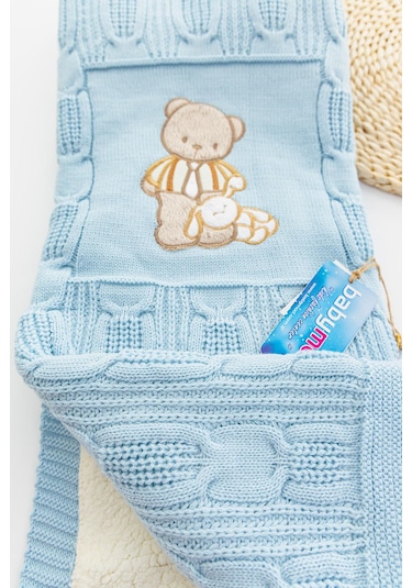Ayıcık Figürlü Triko Bebek Battaniyesi Mavi