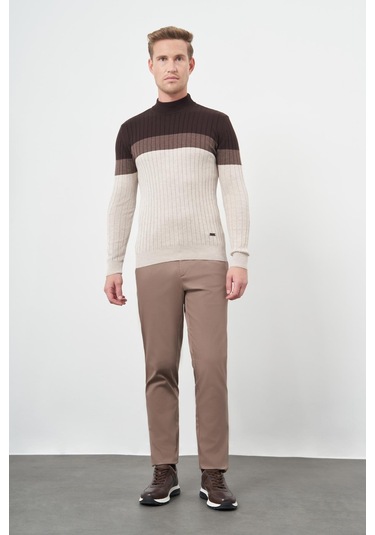 Açık Bej Uzun Kol Kendinden Desenli Örme Yarım Balıkçı Yaka Classic Slim Fit Triko 1012245154 Açık Bej