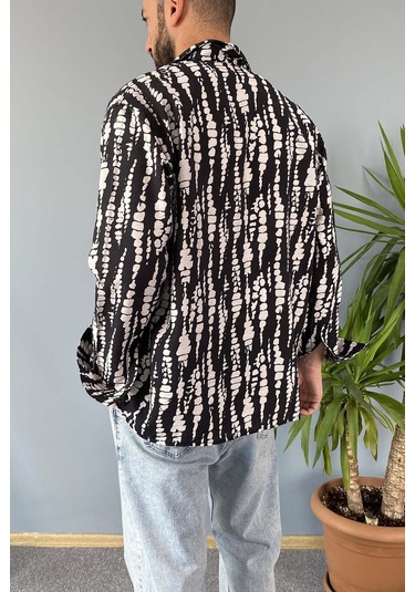 Siyah Desenli Uzun Kollu Oversize Gömlek 001