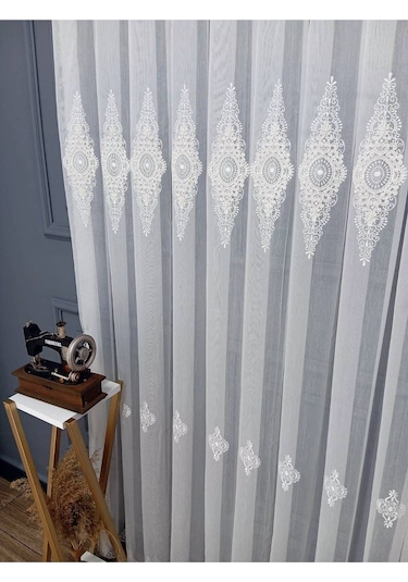 Nakışlı Kort Damask Salon Model Tarz Tasarım Optima Exculusive 3 Kat Pileli Tül Perde