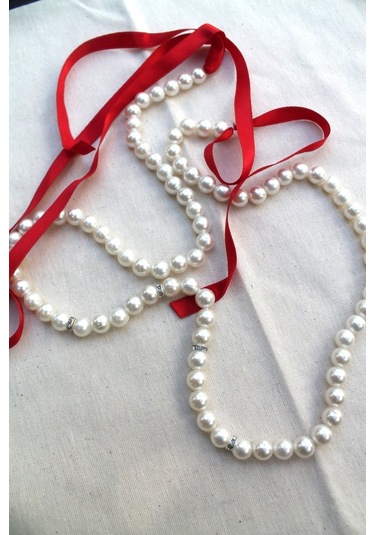 Kırmızı Kurdeleli Krem İncili Söz & Nişan Kurdelesi