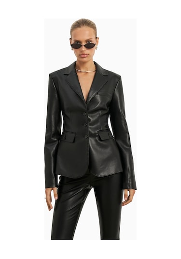 Because Of Alice Cinched Waist Leather Blazer Kadın Ceket Siyah