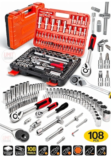 Valiz Çanta Cr-v Çeliği 108 Parça 1/2 Ve 1/4 Torx Cırcırlı Lokma Anahtar Takımı Bits Uç Full Set