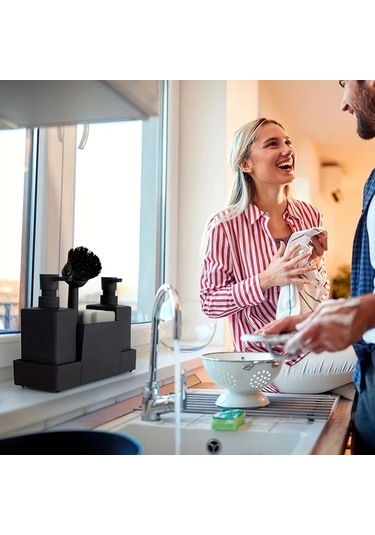 Motion003 6 Adet Mat Siyah Çift Sabunluklu Sünger Tutucu Ve Bulaşık Fırçası İle Alt Depolama Drenajlı Mutfak Lavabosu Veya Banyo İçin Modern Minimalist Tasarım Siyah Siyah