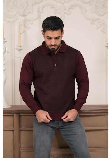 Woolen World Polo Yaka Armürlü Yünlü Erkek Triko Kazak Bordo
