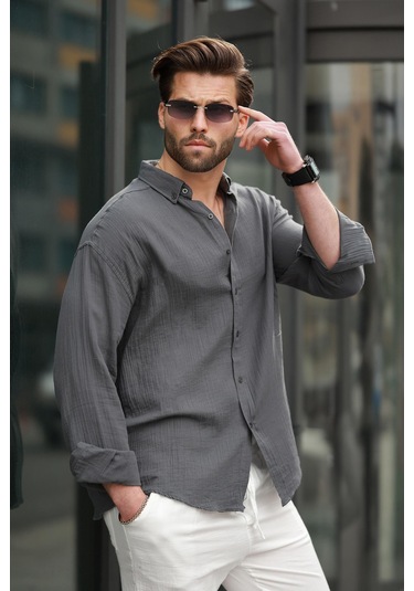 Madmext Antrasit Basic %100 Pamuklu Uzun Kollu Erkek Gömlek E6761 Antrasit