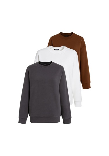 Kahverengi/füme/ekru Bisiklet Yaka Basic 3'lü Paket Sweatshirt Mg2595 Çok Renkli