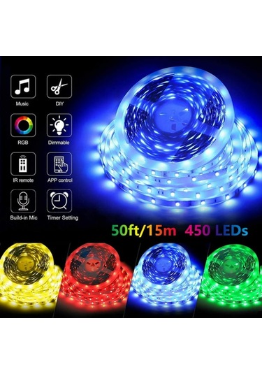 Fosenze 15m Rgb Led Işık Şeridi - Müzik Senkronu Renk Değiştirme, Bluetooth Uygulama + Kumanda Kontrolü, Odası Ve Parti Dekorasyonu Için Renk