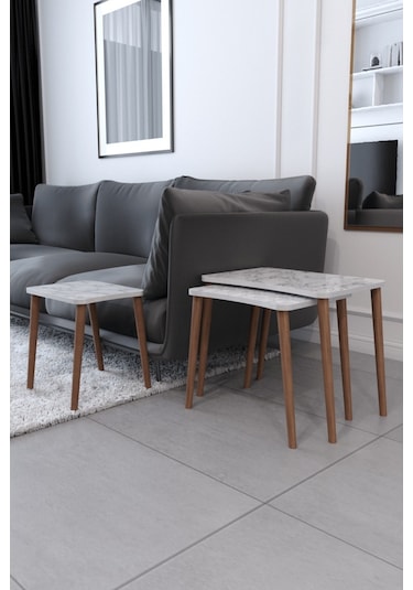 Esma Orta Sehpa Ve Zigon Sehpa 4'Lü Ahşap Ayaklı - Beyaz Mermer