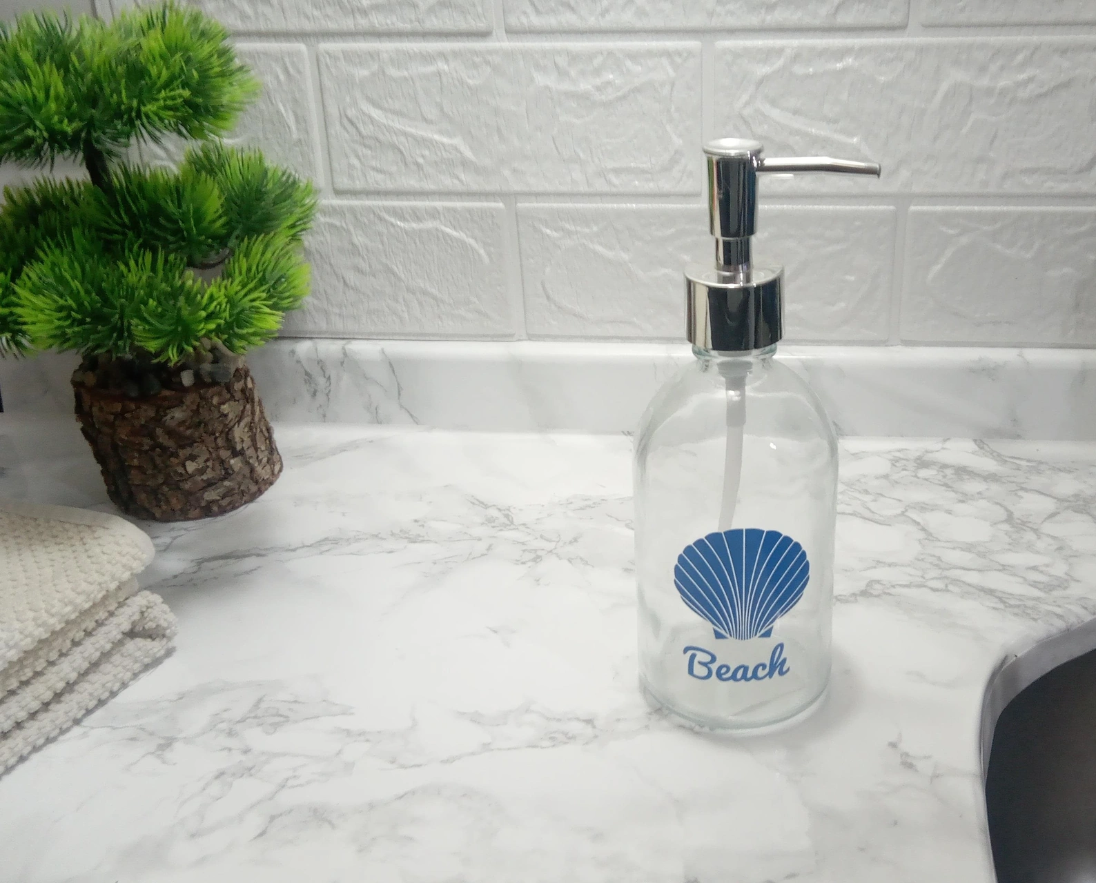 2 Adet Cam Sıvı Sabunluk,plaj Yazılı 7x7x20cm 360ml Banyo Seti Çok Renkli