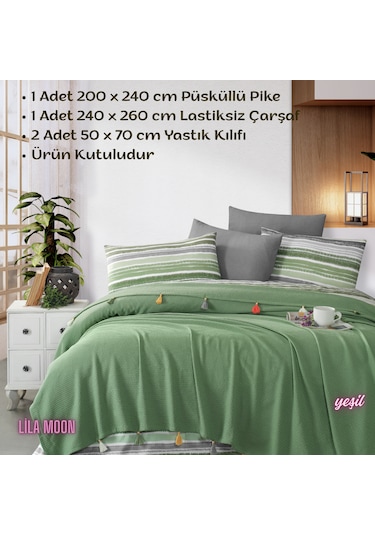 Valeria Tassel Yeşil Renkli Çift Kişilik Püsküllü Pike Takımı