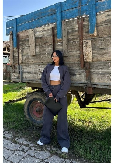 Neşeli Butik Kadın Antrasit Fermuarlı Kışlık Eşofman Takımı Nbg026 Antrasit