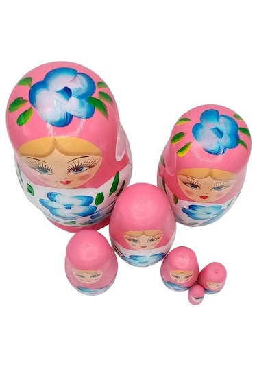 Mobgift Ahşap Tombul Iç Içe Matruşka Bebek 7li Set Pembe