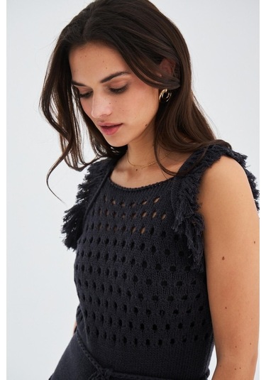 Peraluna Mıyokı Dress %100 Pamuk Diz Hizası Yazlık Kadın Triko El Antrasit