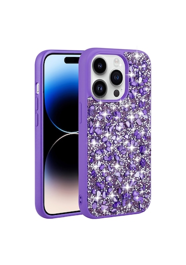 Apple Uyumlu iPhone 14 Pro Max Uyumlu Parlak Taşlı Tasarım Zore Linea Kılıf-mor Mor -