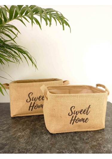 Bitki Tasarımı Sweet Home Jüt Hasır Ev Düzenleyici Mutfak Banyo Salon Sepeti Katlanır Sıvı Korumalı İkili Set B-O