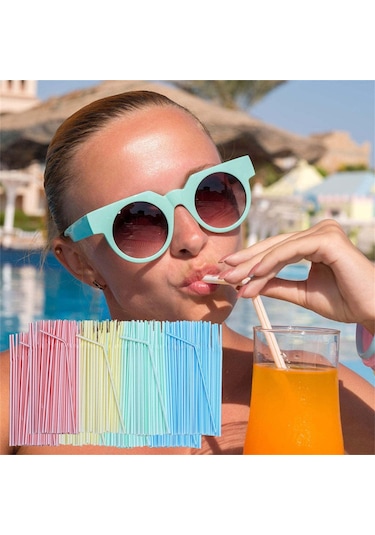 Singree 300 Adet 8 İnç Renkli Çizgili Esnek Plastik Pipetler