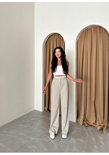 Taş Bel Bantı Detaylı Yan Fermuarlı Pantolon Taş