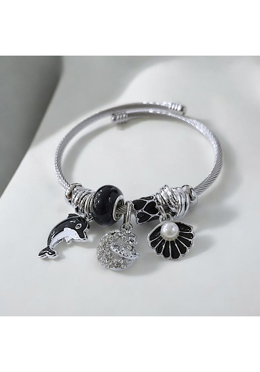 Kadın Çelik Charm Bileklik Bilezik Yunus Figürlü Siyah Çelik