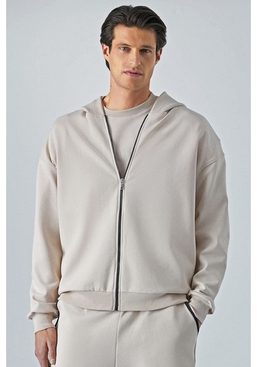 GRIMELANGE Ralf Erkek Kapüşonlu Uzun Kol Baskı Detaylı Fermuarlı Oversize Açık Gri Ceket Açık Gri