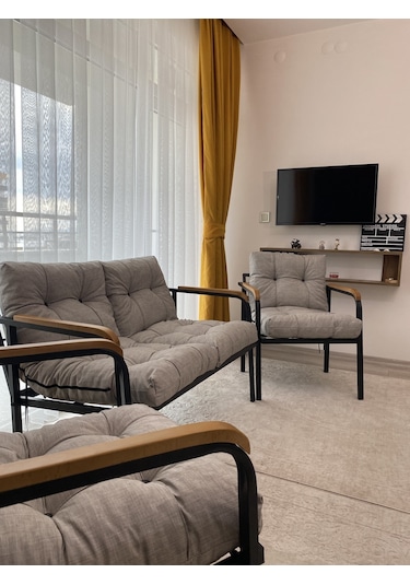 Modern Merkür Balkon, Bahçe, Cafe - Metal Kanepe Koltuk Takımı - 2+1+1 Açık Gri Modernsh13 Açık Gri