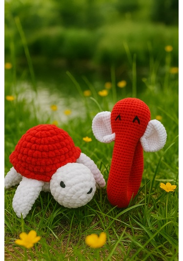 El Yapımı Kırmızı Çıngıraklı Set Fil Ve Kaplumbağa %100 Pamuk, Bebekler İçin Güvenli Beyaz - Kırmızı