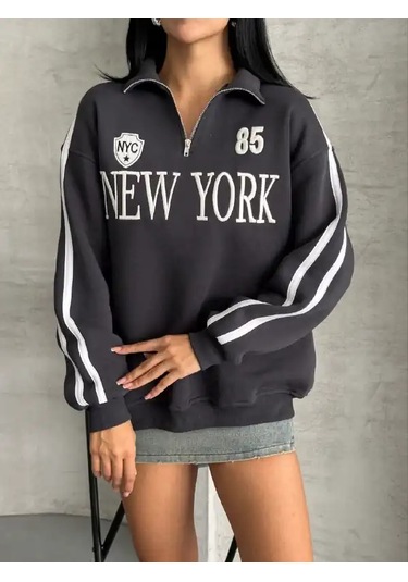 Yarım Fermuarlı Newyork Yazılı Sweat Antrasit