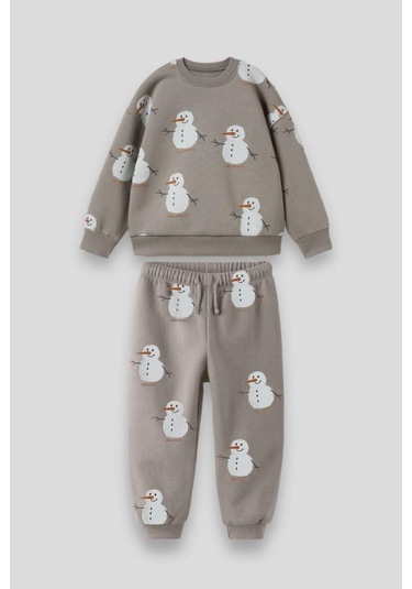 Kardan Adam Desenli Pamuklu Sweatshirt Jogger Eşofman Alt-üst Takım Açık Gri