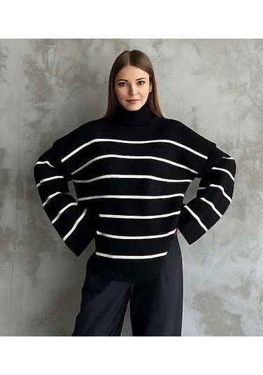 Çizgili İspanyol Kol Triko Boğazlı Kazak Siyah Elf Siyah