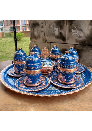 Lacivert Gül Çiçek Bakır Kahve Takımı