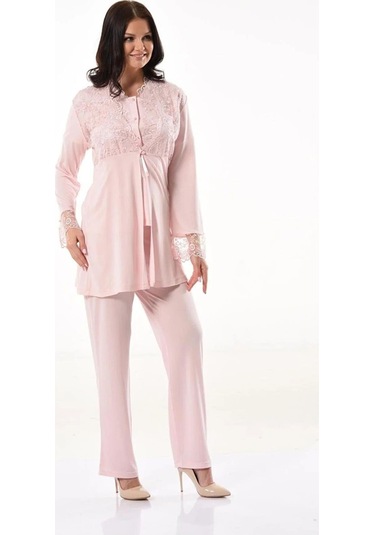 Xses 4300 Kadın Hamile Lohusa Sabahlıklı Pijama Takım-pudra