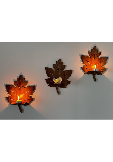 3 Lü Ahşap Duvar Süsü Rafı - Yaprak Mumluk Ve Dekoratif Aplik Seti