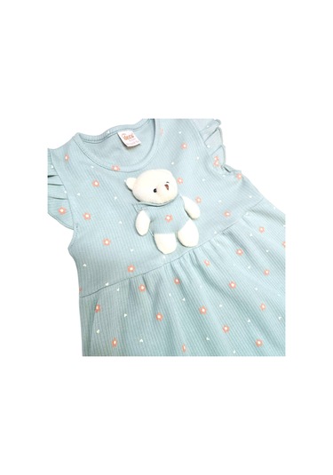 Ayıcık Aksesuarlı Çiçekli Kız Çocuk Yazlık Elbise Yeşil