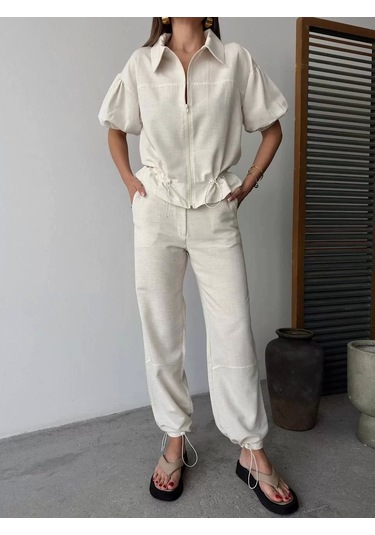 Keten Tam Fermuarlı Kısa Kollu Gömlek Pantolon İkili Takım - Beyaz Beyaz