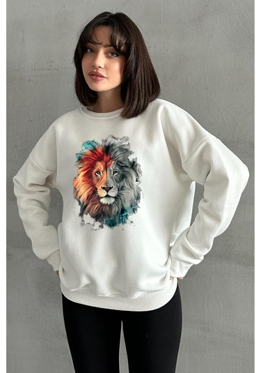 Kadın Krem Aslan Baskılı Oversize Bisiklet Yaka Sweatshirt Krem
