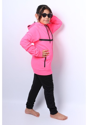Kız Çocuk Eşofman Takımı Kapşonlu Fermuarlı Ribanalı C59 Pembe