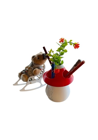 Kalemlik-ayıcık- Kırmızı Beyaz- Sima Mantar Çiçekli Üç Gözlü Kalemlik Düzenleyici Kırmızı