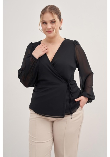 Astarlı Bağlama Detaylı Şifon Bluz-1760 Siyah