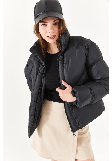 Alisse-kadın Siyah Dik Yaka Kısa Şişme Mont Siyah