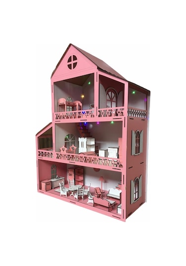 Ahşap Oyun Evi 100Cm 36 Eşya Pembe Led Işıklı