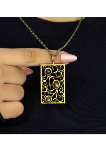 Doğal Taş Labradorit 3'lü Doğal Taşlı Antik Kadın Kolye Euk45lbt Gri