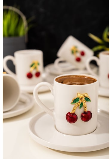 Mest 6 Kişilik Kiraz Model 12 Parça Porselen Kahve Fincan Takımı - Şık Kahve Fincan Seti 120 Ml Beyaz