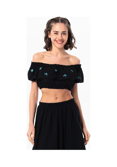 Lavinya Vual Lastik Detaylı Nakışlı Yazlık Crop Bluz Siyah Syh-siyah Siyah