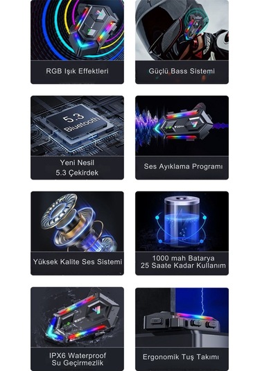 Y20 Max Rgb Işık Efektli İntercom Bluetooth Motosiklet Kask Kulaklığı İntercom Kulaklık