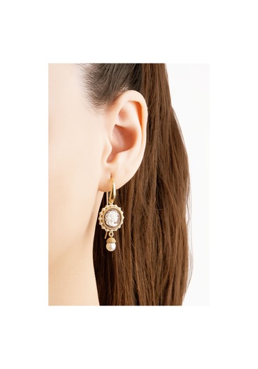 Cameo Italiano 18 Ayar Sarı Altın Kaplama Gümüş İnci Küpe Sarı