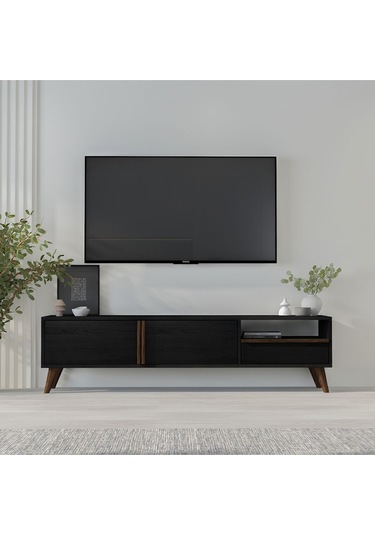 T0018 Çekmeceli, 2 Kapaklı Tv Sehpası Ahşap Siyah Ahşap Siyah