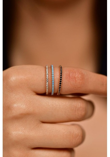 Roza Silver 925 Ayar Mix Taşlı Rose Minimal Tamtur 3'lü Gümüş Yüzük Set Rr10023