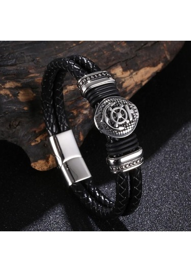 Erkekler İçin Hakiki Deri Bileklik Punk Örgülü İp Çelik Düğme Erkek Bileklik Takı Doğum Günü Hediyesi Siyah