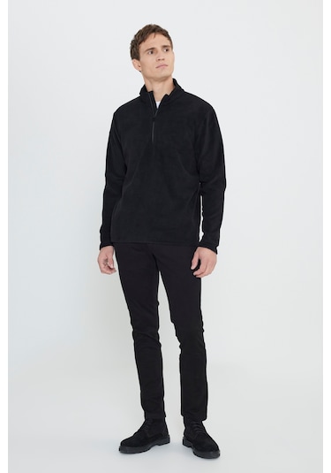 Anti-pilling Tüylenme Yapmayan Standart Fit Bato Yaka Soğuk Geçirmez Sweatshirt Polar Siyah