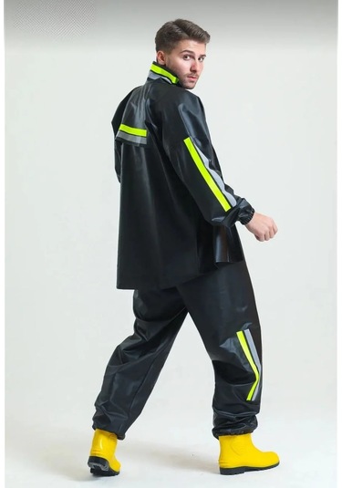 Premium Motorcu Kurye Yağmurluk Takım Su Geçirmez Pvc Kumaş Reflektörlü Tübitak Onaylı - Siyah Siyah